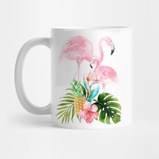 Pink Flamingo + Tropical Foliage + Pinapples Mug